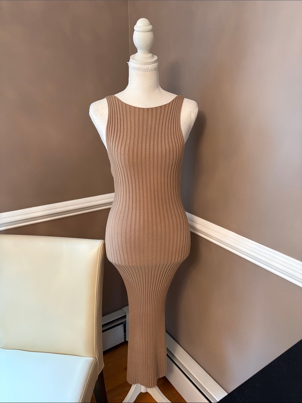 Sleeveless Ribbed Maxi Dress in Camel